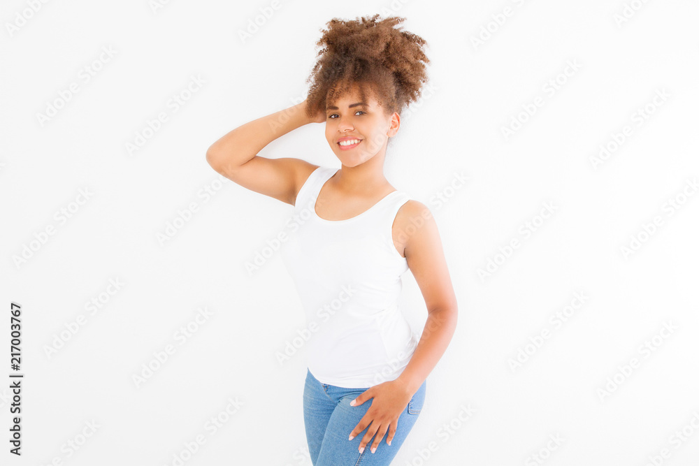 Summer t shirt design and people concept close up of young afro american woman in blank template white t-shirt. Mock up. Copy space. Curly hair. front view. Summer t shirt design and people concept close up of young afro american woman in blank template white t-shirt. Mock up. Copy space. Curly hair. front view.