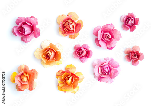 set of colorful paper pink  orange flowers  roses on white background