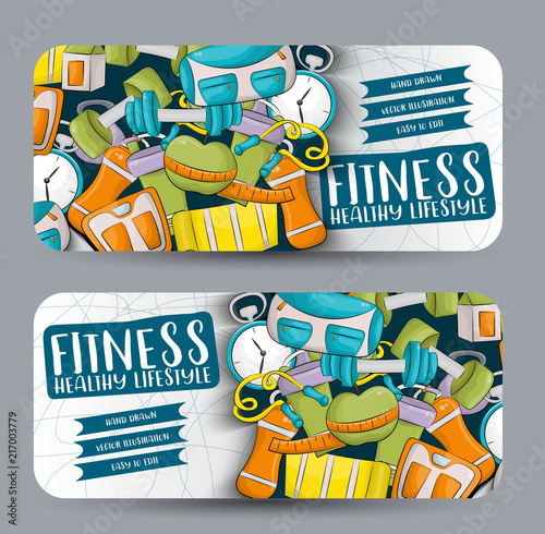 Fitness and healthy lifestyle. Horizontal banner template set. Modern hand drawn doodle design. Vector illustrator.