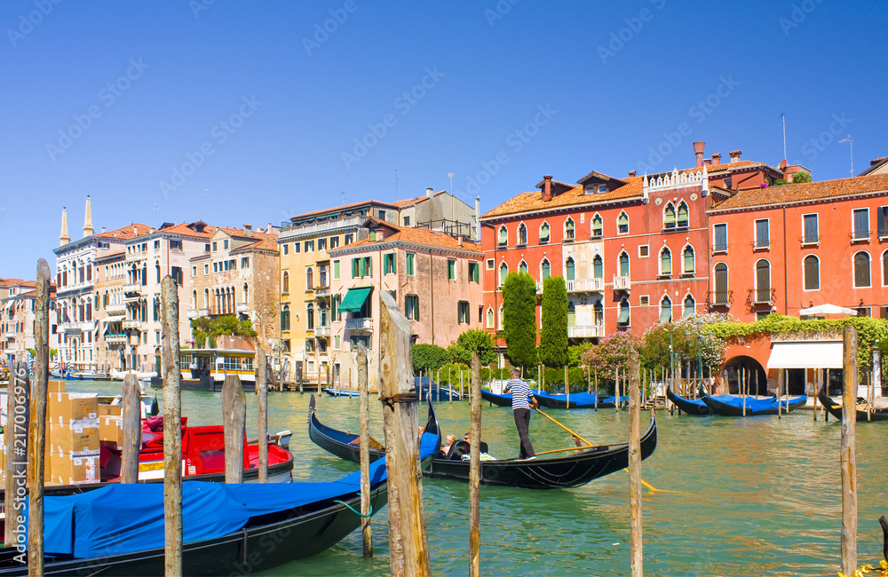 Gondolas along Grand Canale in Venice, Italy 