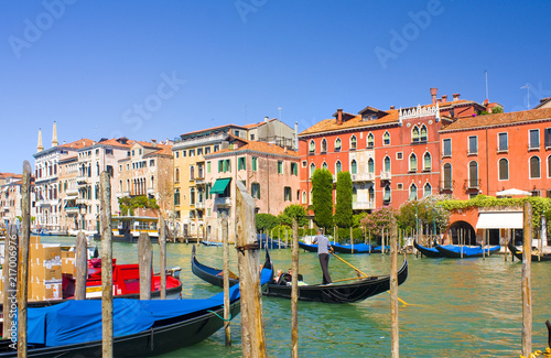 Gondolas along Grand Canale in Venice  Italy 