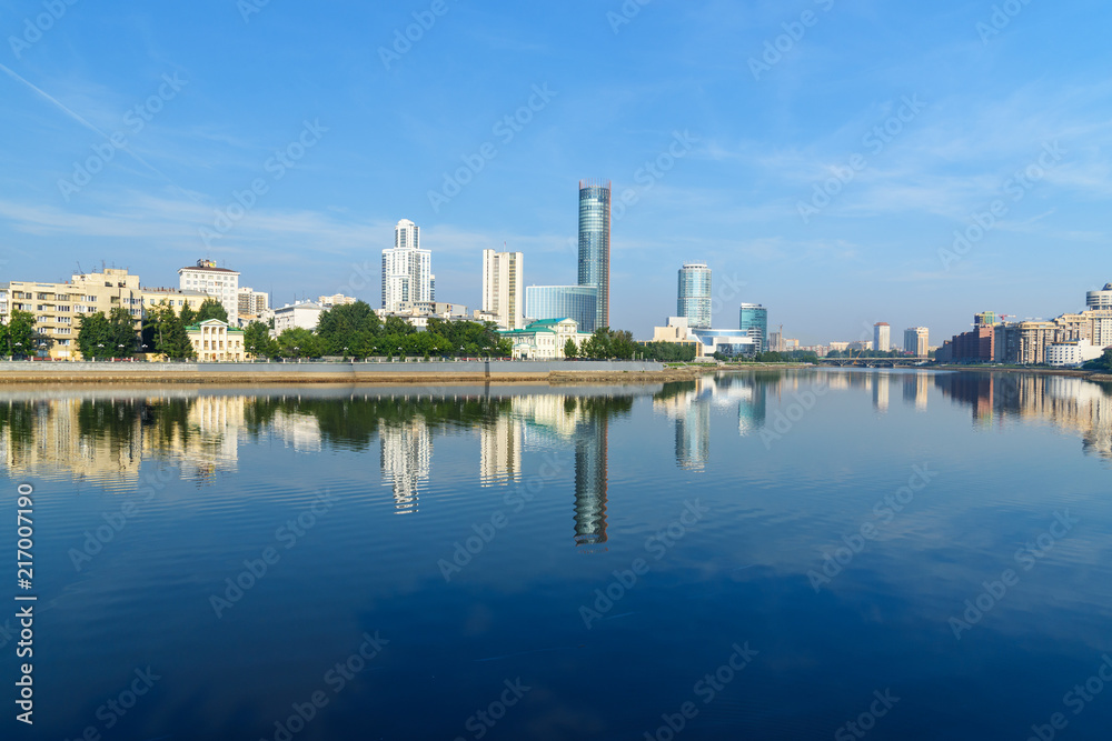 View of city center skyline and Iset river. Yekaterinburg. Russia