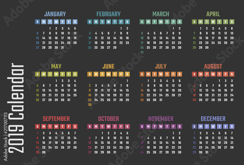 2019 year calendar, calendar design for 2019 starts sunday