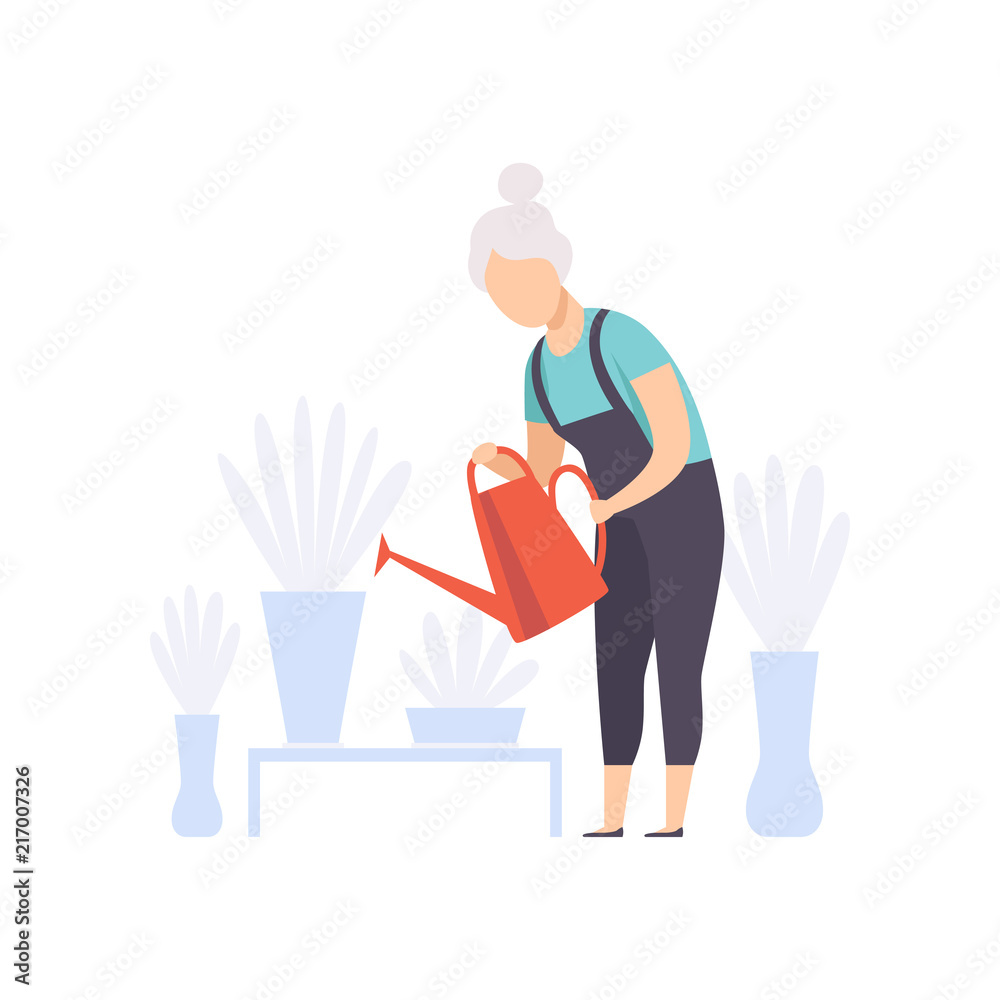 Senior woman character watering flowers with can, elderly people leading an active lifestyle social concept vector Illustration on a white background
