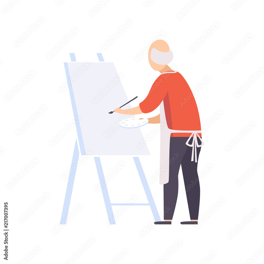 Senior man character painting on canvas, elderly people leading an active lifestyle social concept vector Illustration on a white background