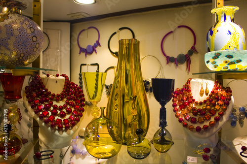 Showcase with venetian glass (Murano Glass) in the store in Venice