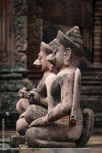 Stone carvings at the UNESCO World Heritage Site in Cambodia of the temple at Banteay Srei