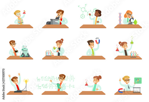 Kids in lab clothing doing scientific experiments with lab equipment in school science class laboratories, educational science activities for children vector Illustrations on a white background