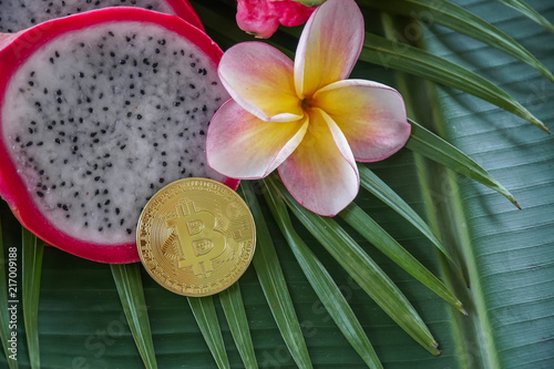 Slices of Fresh Raw Exotic Tropical Thai Dragon Fruit also called Pitayas with Digital Cryptocurrency Bitcoin on Banana Leaf