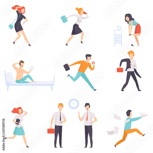 People running to work, businesspeople characters are late for work vector Illustration on a white background