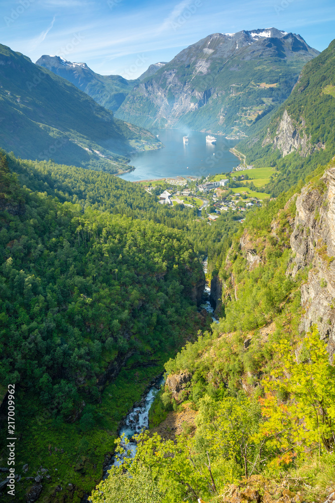 Geiranger fjord from mountain viewpoint, Geirangerfjord, Norway
