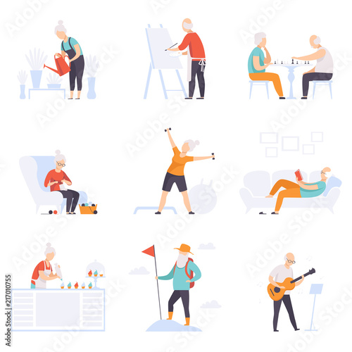 Elderly people enjoying various hobbies, senior men and women leading an active lifestyle social concept vector Illustration on a white background