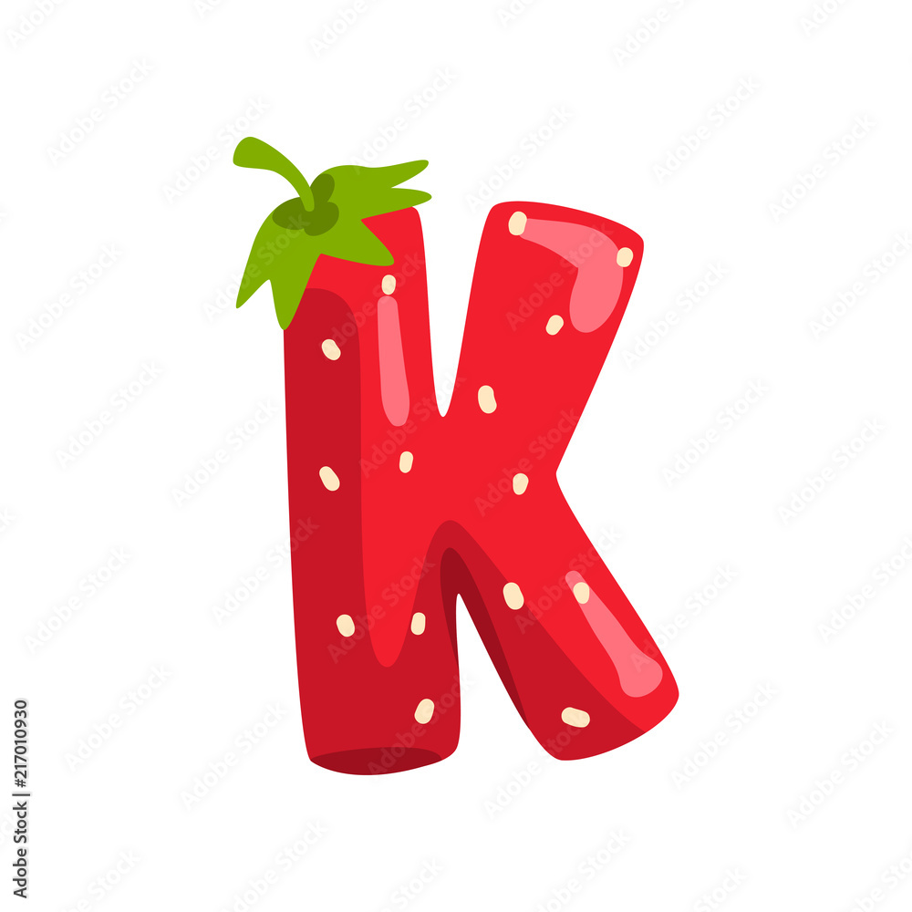 Letter K of English alphabet made from ripe fresh srawberry, bright red berry font vector Illustration on a white background Letter K of English alphabet made from ripe fresh srawberry, bright red berry font vector Illustration on a white background