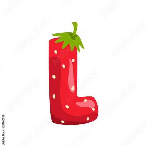 Letter L of English alphabet made from ripe fresh srawberry, bright red berry font vector Illustration on a white background