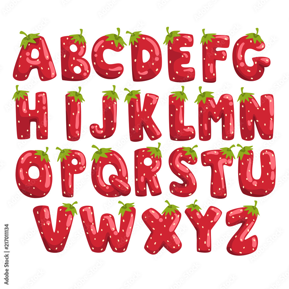 Vecteur Stock Ripe fresh strawberry English alphabet, bright red berry font  vector Illustrations on a white background | Adobe Stock