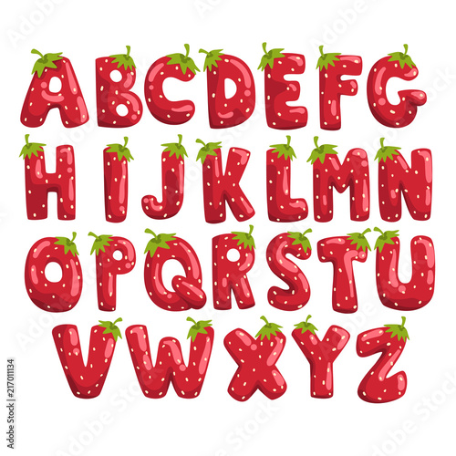 Ripe fresh strawberry English alphabet, bright red berry font vector Illustrations on a white background