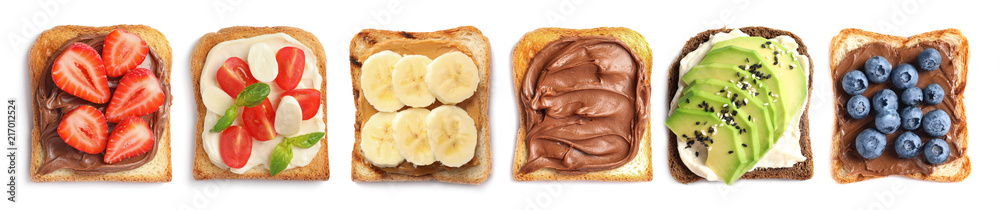 Set with toast bread and different toppings on white background, top view - obrazy, fototapety, plakaty 