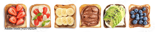 Set with toast bread and different toppings on white background, top view