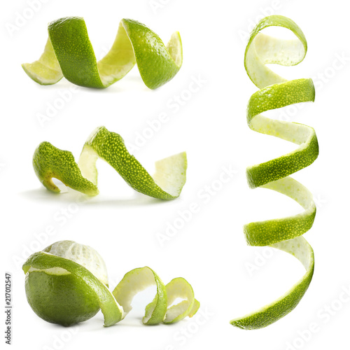 Set with lime peel on white background