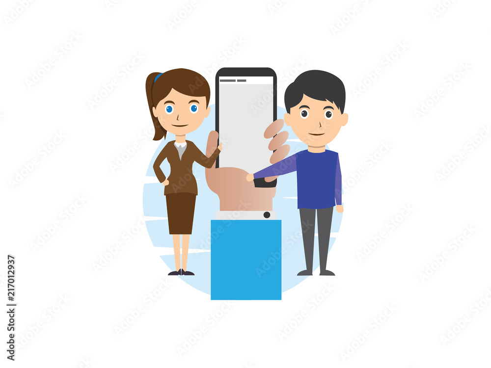 a man and woman with website background on phone illustration