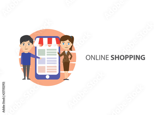 a man and woman with e commerce website background on phone illustration