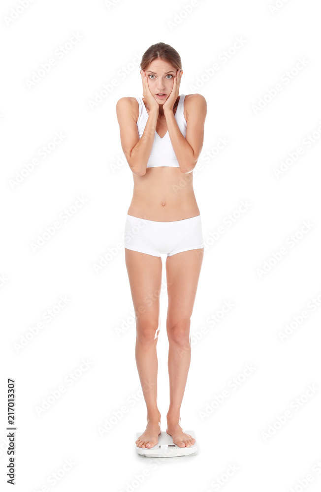 Worried young woman using bathroom scales on white background. Weight loss diet Worried young woman using bathroom scales on white background. Weight loss diet