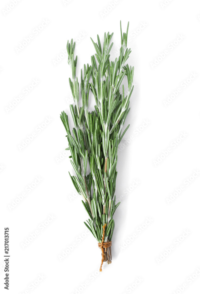 Bunch of rosemary on white background, top view. Fresh herb