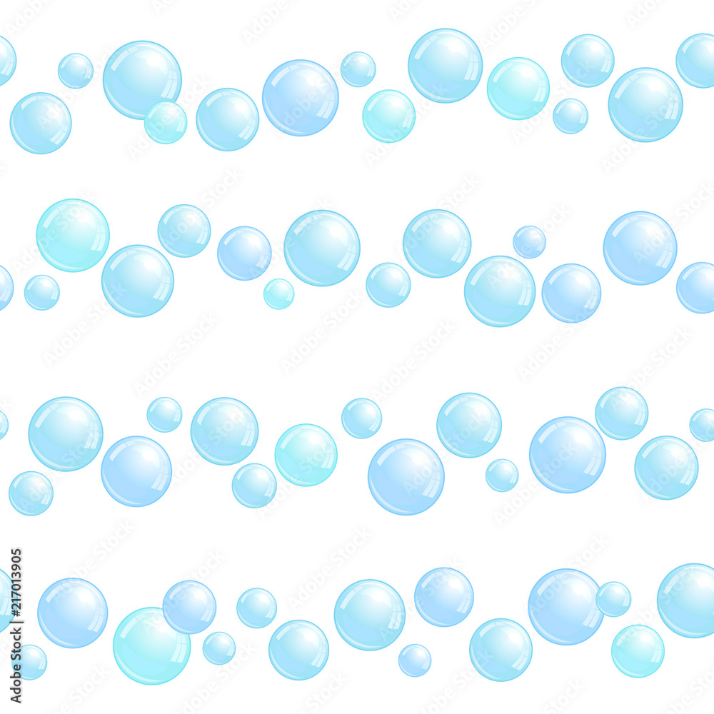 Horizontal seamless soap bubble stripes, lines with realistic water beads, blue blobs, vector foam