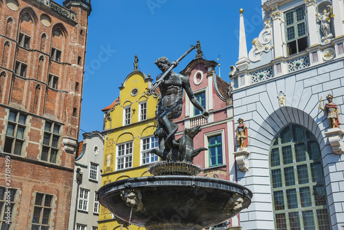 Neptune`s Fountain Statue at Long Market Street. Gdansk city, Poland