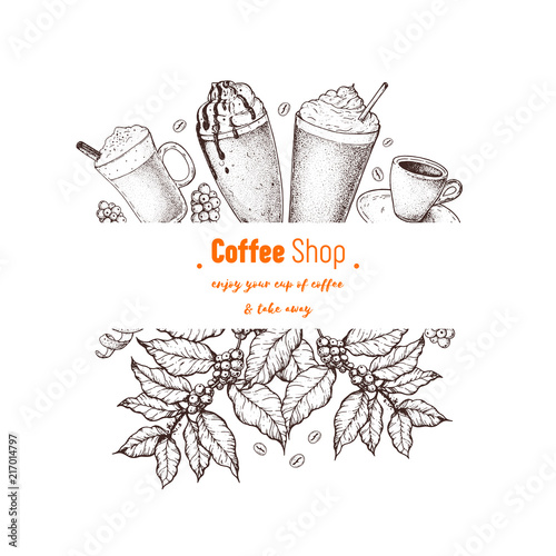Coffee shop label. Coffee cups, beans and coffee tree illustration. Vintage design for coffee shop. Engraved vector illustration.