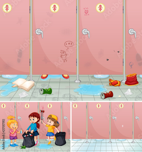Scene of children cleaning a bathroom