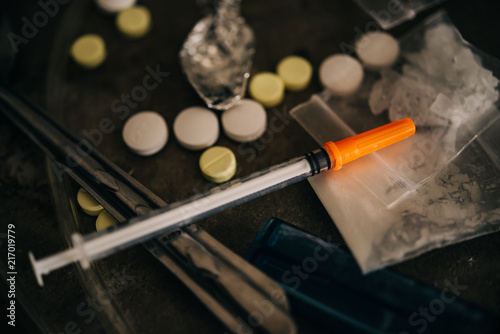 Asian men are drug addicts to inject heroin into their veins themselves.Flakka drug or zombie drug is dangerous life-threatening,Thailand no to drug concept,The bad guy drugs in the desolate