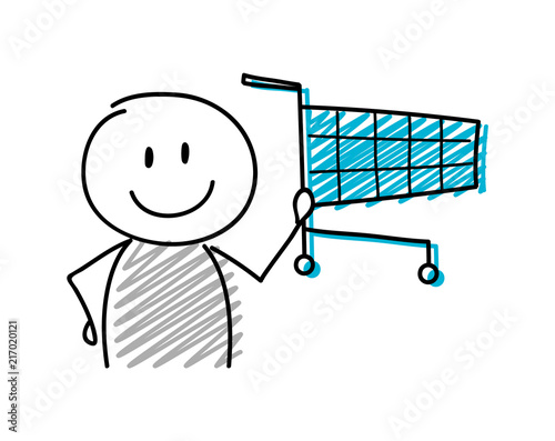 Stickman with smiley facial expression holiding shopping cart icon. Vector. photo