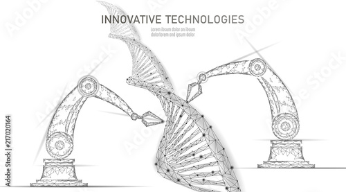 Low poly chemical DNA synthesis science concept. Polygon lab chemistry genetic engineering reactor. Modern innovation evolution organism technology product laboratory robotic ai vector illustration