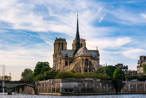 Notre Dame Cathedral in Paris with the Seine River.
