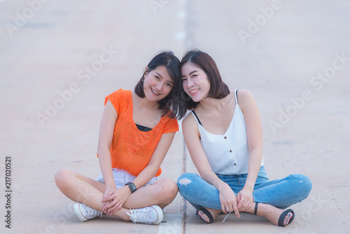 Portrait of two beautiful asian women,Lifestyle of modern girl,Image of young happy female,Dear friends are together on weekends to relax.