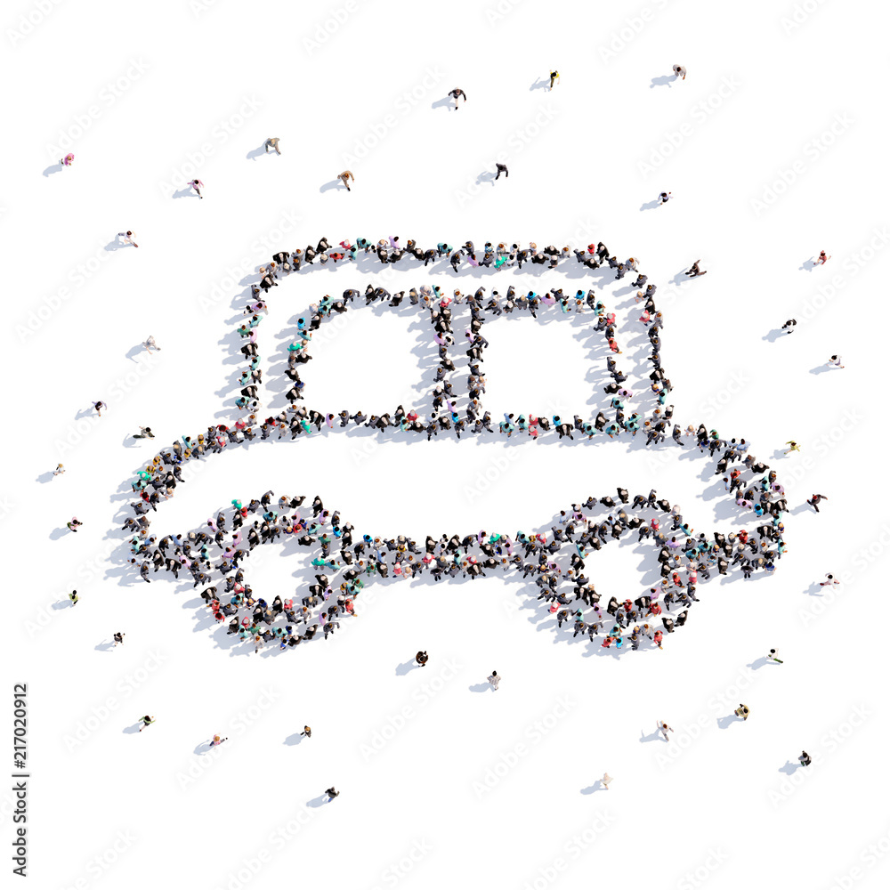A lot of people form car, toy, icon . 3d rendering. A lot of people form car, toy, icon . 3d rendering.