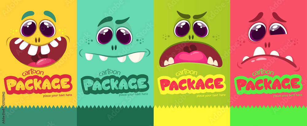 Cartoon monster faces set. Vector set of four Halloween monster faces. Package design. Mock up Cartoon monster faces set. Vector set of four Halloween monster faces. Package design. Mock up