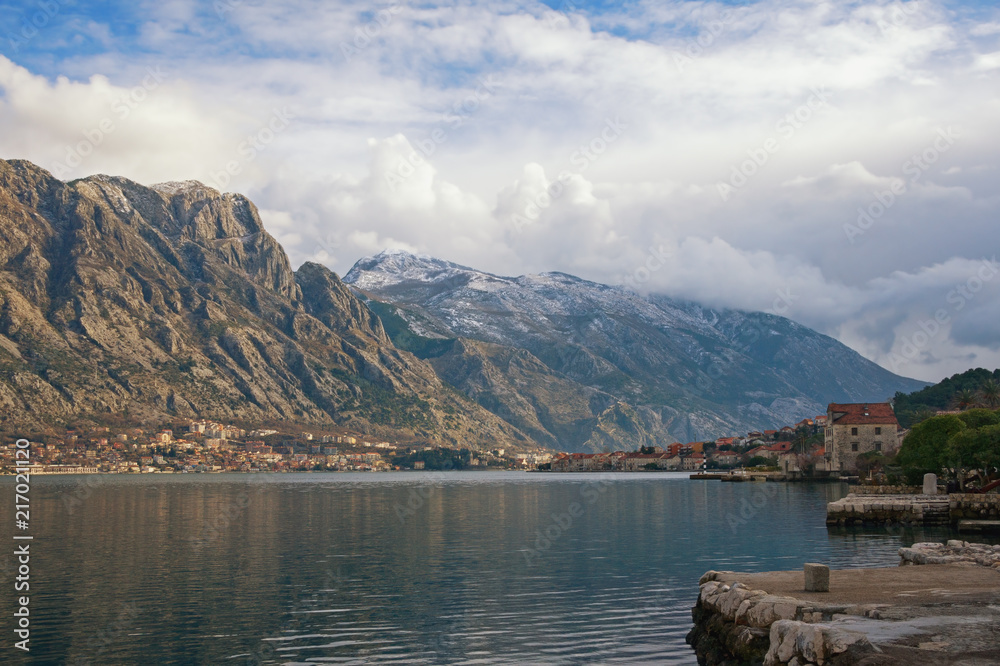 Winter Mediterranean landscape. Montenegro, Bay of Kotor ( Adriatic Sea ). View of Lovcen mountain and Prcanj town
