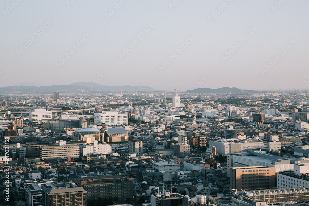 cityscape of Kyoto with sunrise in film vintage style