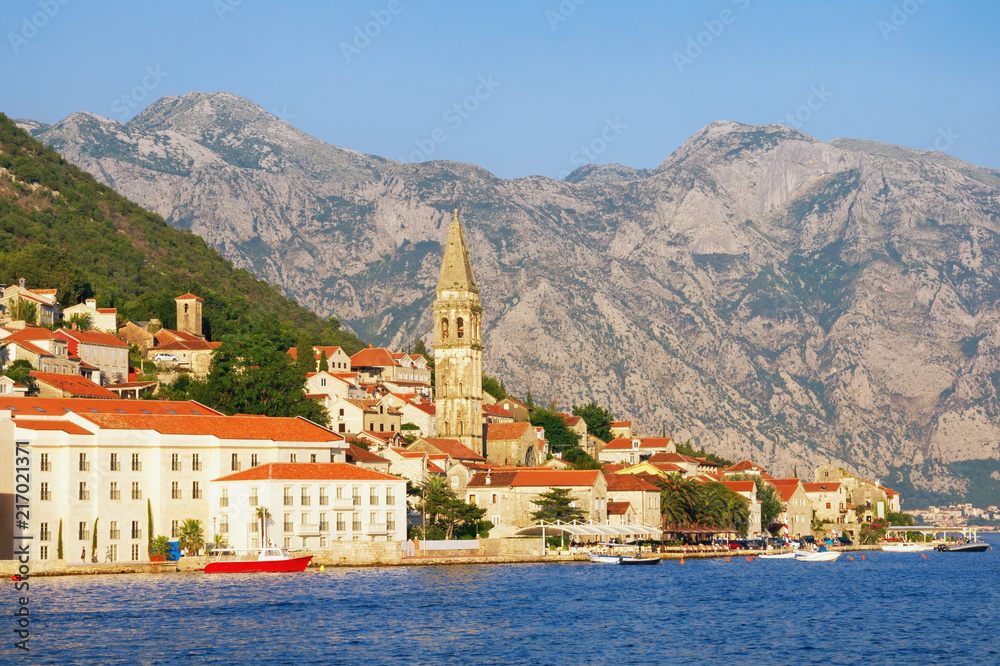 View of the ancient town of Perast with the bell tower of the church of St. Nicholas. Montenegro, Bay of Kotor