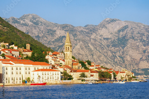 View of the ancient town of Perast with the bell tower of the church of St. Nicholas. Montenegro, Bay of Kotor