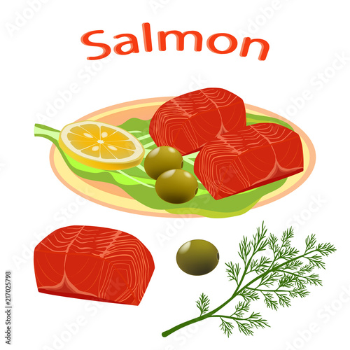 A piece of fish. Cut salmon slice. Steak salmon isolated on white background. Vector illustration of fish. Sea food product design.
