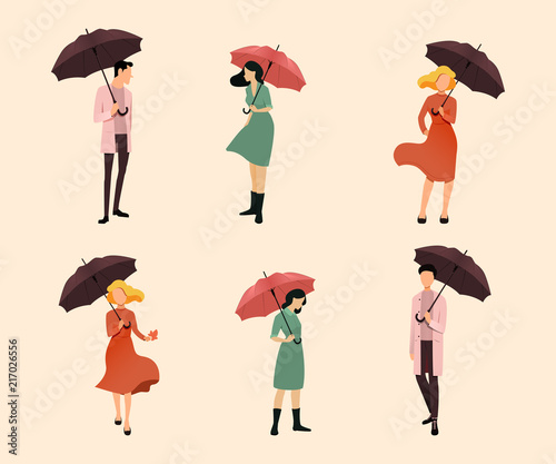 Set of people. People are holding umbrellas. Autumn concept. Vector illustration