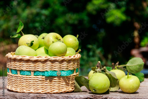 Fresh ripe apples in basket on the rustic wooden table outdoor