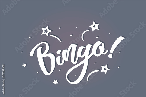 Bingo lettering card, banner. Beautiful greeting scratched calligraphy white text word stars. Hand drawn invitation print design. Handwritten modern brush blue background isolated vector