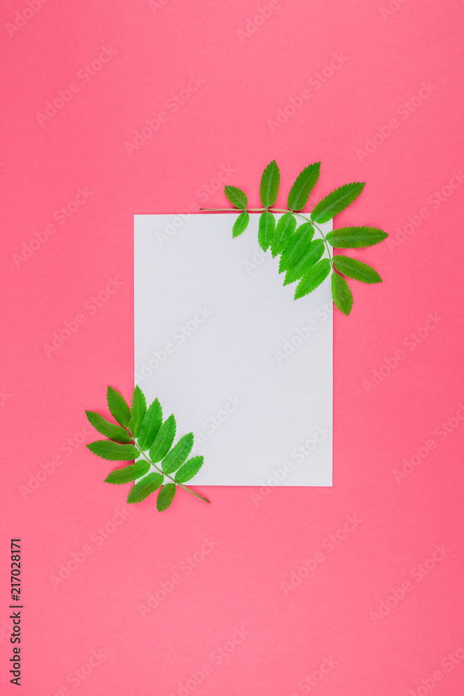 White letter mock up with fresh green leaves White letter mock up with fresh green leaves