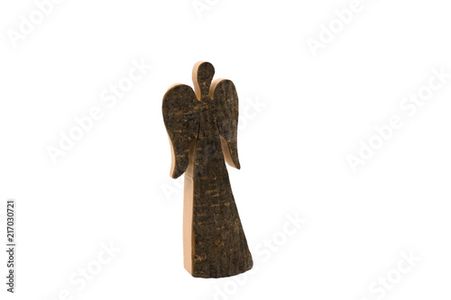 Wood angel with bark isolated with copy space
