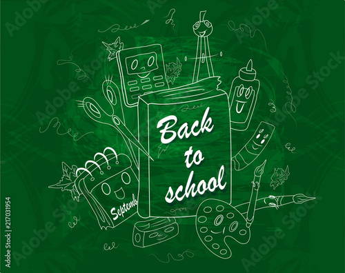 Back to school chalk drawn illustration.hand-drawn illustration of school subjects on green background. Vector card
