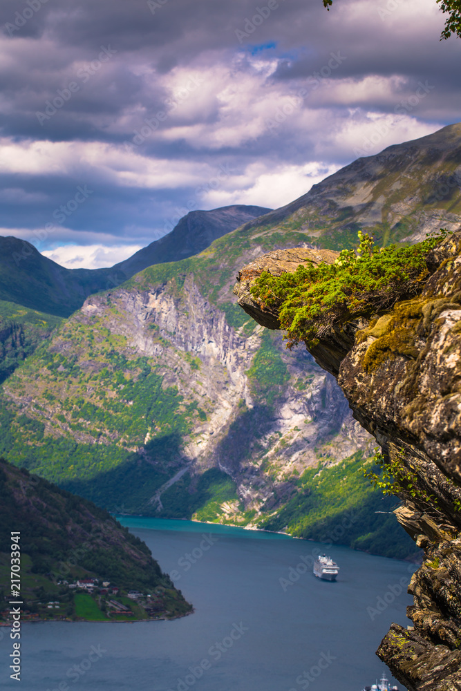 Geiranger - July 30, 2018: Panoramic view of the stunning UNESCO Geiranger fjord, Norway